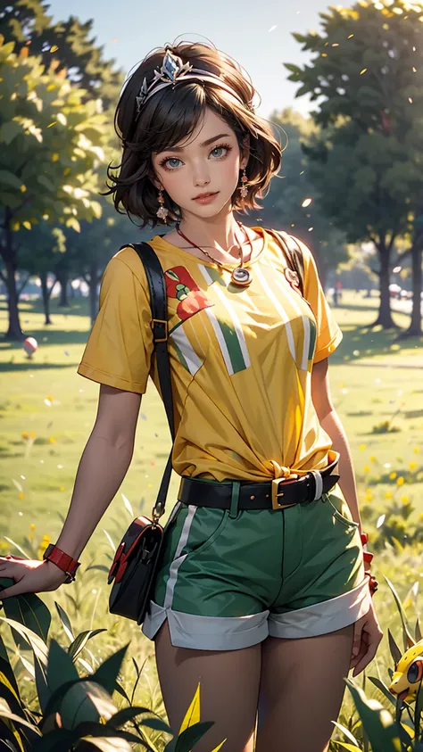 masterpiece, highest quality, High resolution, Calm 1, 1 girl, Calm 1, 1 girl, Calm (Pokemon), alone, Grey Eyes, Black Hair, green Shorts, Red Tiara, shirt, tied shirt,, short hair, Short sleeve, Shorts, stripe, yellow shirt, belt, Middle class shooting, G...