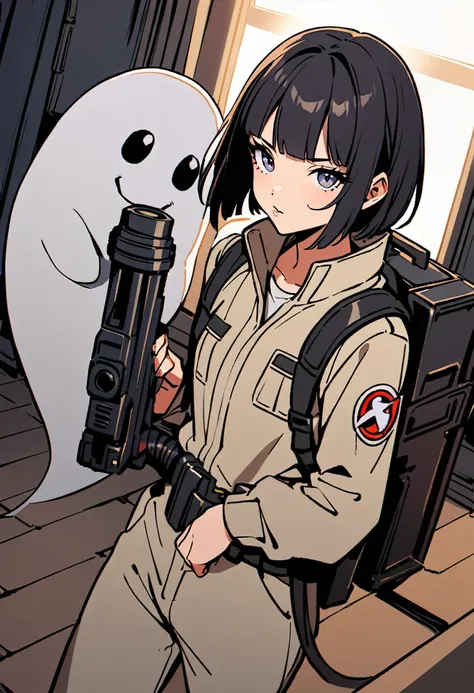 1girl exploring mysterious haunted mansion,(GHOST BUSTERSs jumpsuit(beige color)),Ghostbusters patch,Carrying a proton pack,Has Ghostbusters Proton Gun,BREAK 16yo,beautiful detailed face,(navy hair,wavy-short hair),parallel eyebrows,navy eyes with large ir...