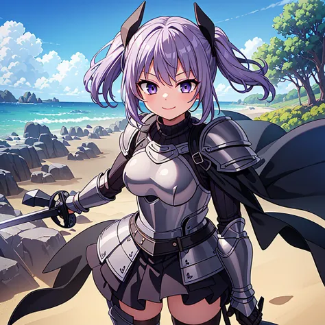 (masterpiece),(highest quality),(Detailed Expression), Sandy Beach, middle ages, sunlight, 1 girl, Grey Eyes, Purple Hair, smile＋Happy, Twin tails, short hair, ((Dark Black Knight Armor)), Long sword, Cute eyes, Small breasts,　Fighting Pose, Black Cape
