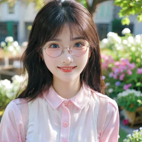 (best quality:1.2,8K,highres,ultra-detailed,photorealistic),Beautiful garden, soft light, schoolgirl, happy smile, gentle expression, (baby mask: 0.9), (soft powder makeup: 0.9), warm atmosphere, breathing fresh air, (fresh: 1.1) tone, realistic details, (...