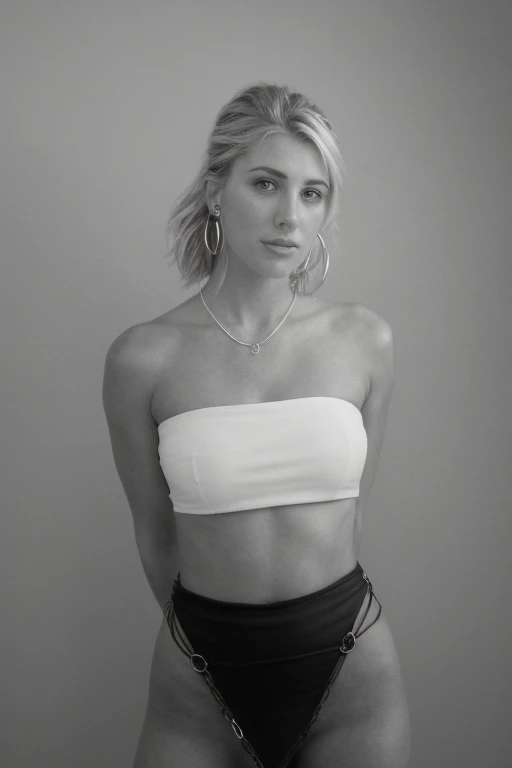 25 year old girl, (Kaley Cuoco:0.8), (Camilla Belle:0.9), (eugenie bouchard), beauty, beautiful girl, black and white photography, hard contrast, hard shadows, flawless skin, elegant pose, dramatic lighting, high fashion, cinematic, moody atmosphere, strap...