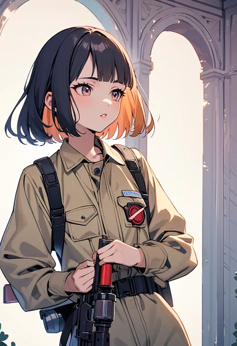 1girl exploring mysterious haunted mansion,(GHOST BUSTERSs jumpsuit(beige color)),Ghostbusters patch,Carrying a proton pack,Has Ghostbusters Proton Gun,BREAK 16yo,beautiful detailed face,(navy hair,wavy-short hair),parallel eyebrows,navy eyes with large ir...