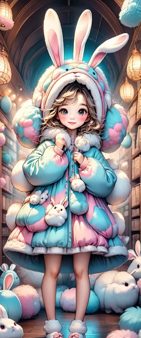 a woman wearing a fluffy rabbit costume with large rabbit ears, full body shot, wide angle, cute and childlike expression, professional portrait, hyperdetailed 8k, high resolution, detailed facial features, detailed clothing, soft lighting, whimsical, fant...