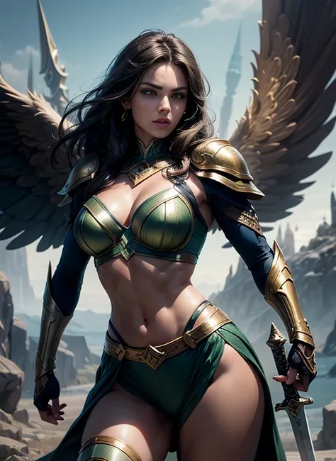 Erica Durance como Asgard，Valkyrie，olhos verdes, mulher fitness, Senhora Cavaleiro，Anatomia correta，Holding a big magic sword, epic fantasy digital art, Obra de arte，8K，high definition resolution，desenho detalhado，Qualidade Superior，, Epic composition, mús...