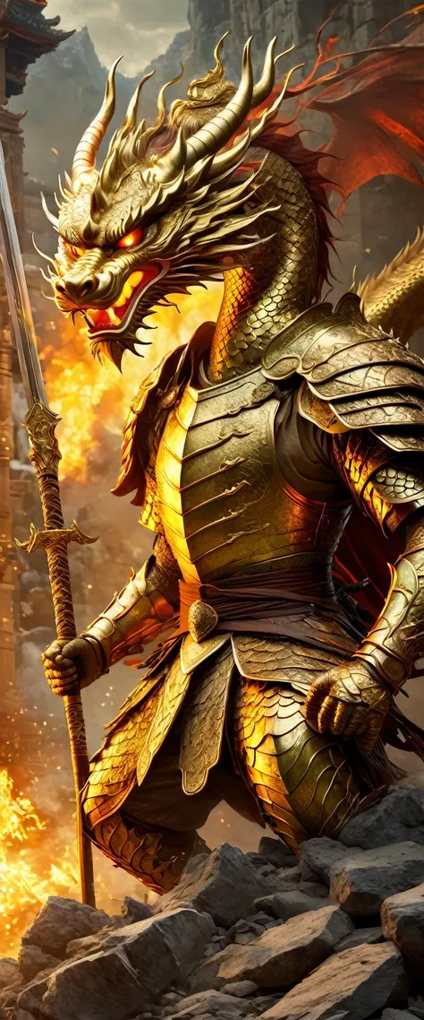 (anthropomorphic Chinese dragon warrior in golden armor fighting enemies), sword swinging through dungeon roofs, flames, rubble, explosions, epic images, iper quality, iper detail, intricate detail, octan rendering, cinema, standing facing the viewer, myth...