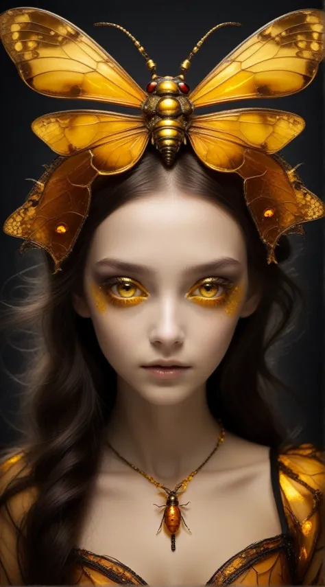 hybridexa insect deep in amber, a dark and mysterious world unfolds, a surreal dead girl with liquid gold eyes wanders around, l...