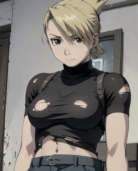 masterpiece, best quality, highres, 1girl, hmriza, ponytail, brown eyes,Big , black shirt, tight shirt, holster, short sleeves, belt, covered navel, blue pants,Inside the room、Upper body close-up、Muscular body、blush、Sweat、Composition from the front、anime、H...