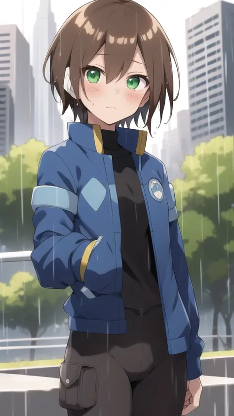 Aile_megamanzx, 1 girl, looking at viewer, Brown hair, green eyes ,City background , Blushed, wet clothes , Raining 