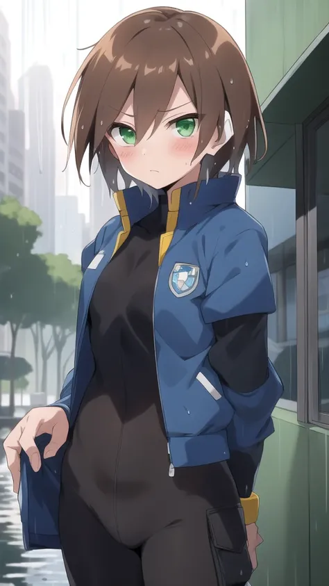 Aile_megamanzx, 1 girl, looking at viewer, Brown hair, green eyes ,City background , Blushed, Wet clothes, Raining 