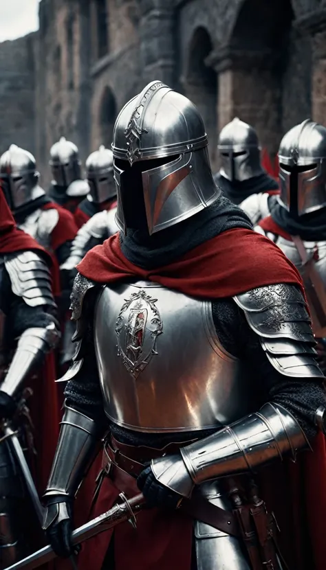 a group of knights donned in full armor and adorned with striking red capes finds themselves in the midst of a dramatic battle. ...