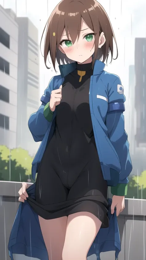 Aile_megamanzx, 1 girl, looking at viewer, Brown hair, green eyes ,City background , Blushed, Wet clothes, Raining , pussy visible trought clothes