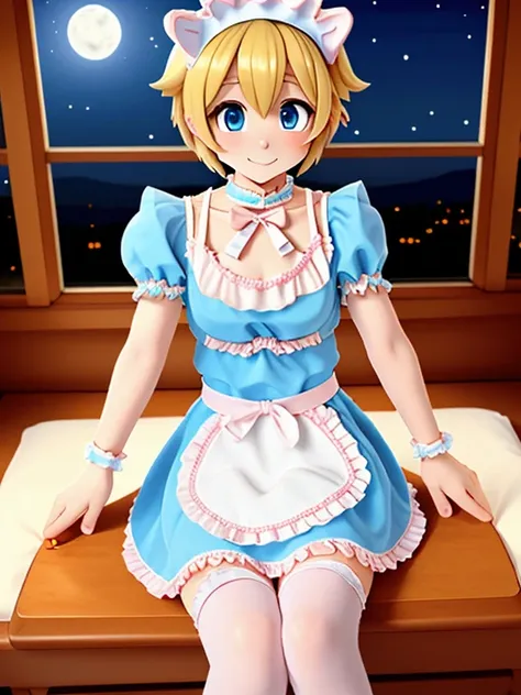 crossdressing, anime, beauty, small breasts, short hair, blonde hair, blue eyes, japanese maid dress, bedroom, sit, night,