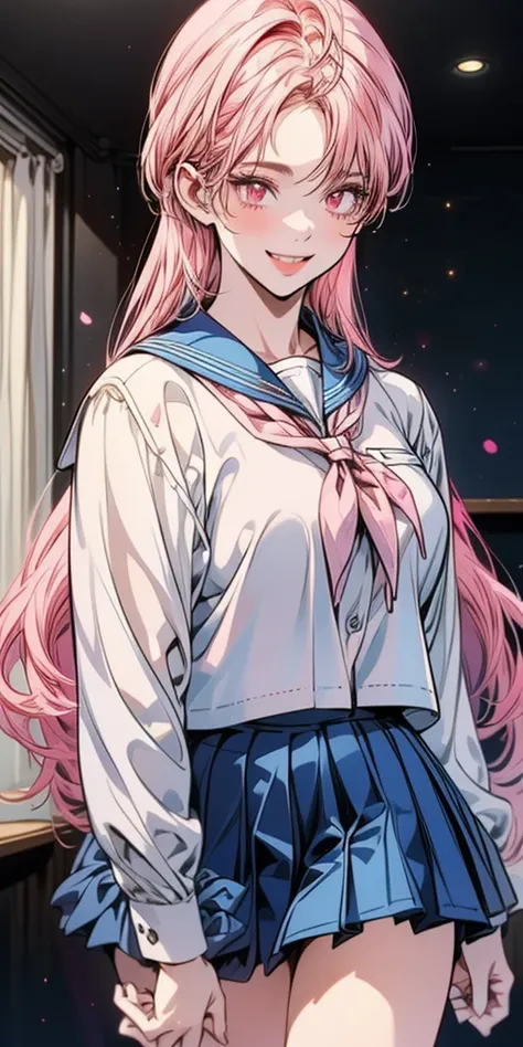 long hair, bangs, pink hair, hair bow, red bow (pink eyes:1.5), smile, shirt, long sleeves, school uniform, sailor collar, neckerchief, yellow neckerchief, shirt, blue shirt, blue sailor collar (blue skirt:1.5), indoors classroom, looking at viewer (cowboy...