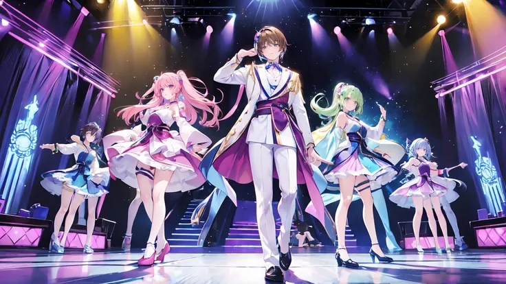 Japanese anime style. This is a large concert venue. There were 12 men who looked like princes on stage. Men are very tough. The men are wearing headset microphones and doing cool dance moves on stage. They are men around 30 years old. Men give the impress...