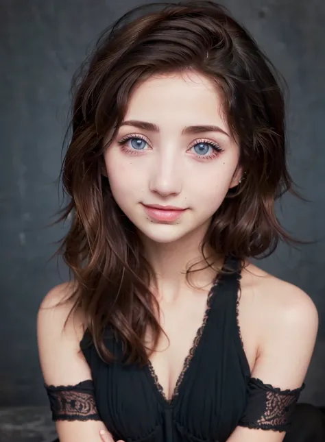 teen girl, beautiful face, (emily rudd 2.0), cute, black long hair, perfect skin, blue eyes, smiling, black eyes makeup, bare sh...