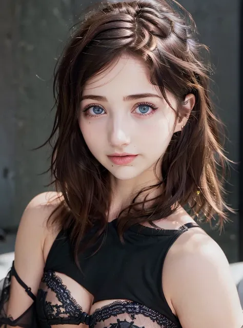 teen girl, beautiful face, (emily rudd 2.0), cute, black long hair, perfect skin, blue eyes, smiling, black makeup, black ribbon...