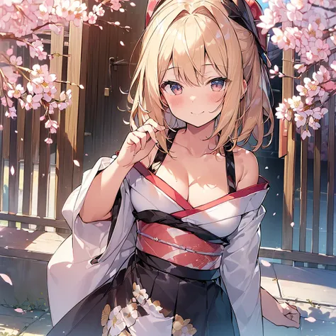 (Masterpiece, Top quality: 1.5), upper body , (holding a big folded fan:1.3),  dynamic pose, 1 beautiful girl, solo, blond hair,  (kimono :1.3), off shoulder, medium hair, wave hair, (junior high school student:1.2), cleavage, medium breasts, standard weig...