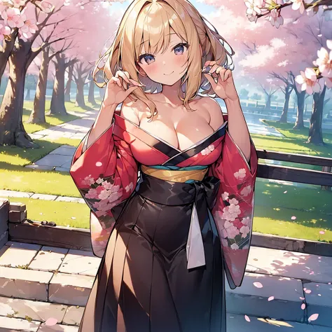 (Masterpiece, Top quality: 1.5), from side , (holding a big folded fan:1.3),  dynamic pose, 1 beautiful girl, solo, blond hair,  (kimono :1.3), off shoulder, medium hair, wave hair, (junior high school student:1.2), cleavage, medium breasts, standard weigh...