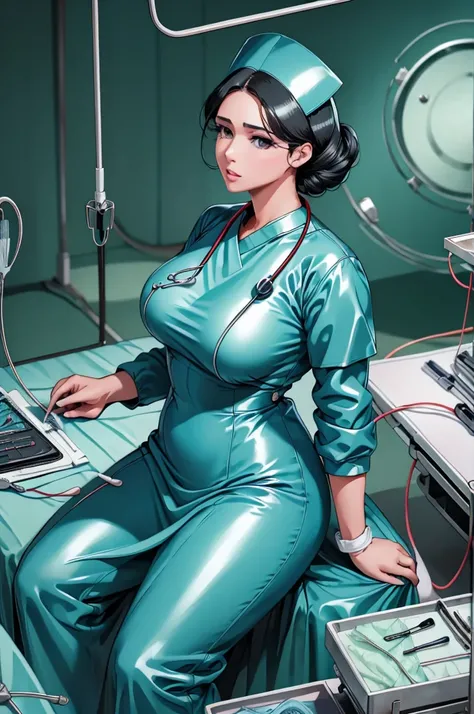 nurse uniform,hospital, latex nurse suit,nurses,busty,elbow gloves,labcoat,black hair woman,red eyes , gigantic ,medical instruments,asian nurse,two nurses,speculum,examination room,oversize ,big ass ,strap on, lay on table ,legs spreaded,giving birth,gyno...