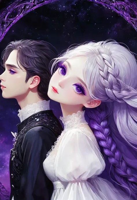 rough texture，Hand drawn style：A couple standing side by side，Fractal Art，yinji, purple hair, purple eyes, long hair, white hair, double braids, gradient hair, Gothic style clothing，see-through clothes，Lace ，Dark Fantasy，Dramatic lighting，cinematic composi...