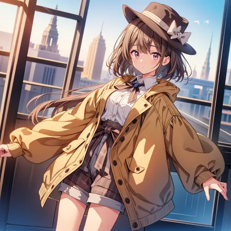 One girl、highest quality、VTuber - whole body、Milky white short hair、masterpiece、Official Art、The best configuration、Sherlock Holmes costumes、Brown and dark brown checked herringbone hat、A poncho with the same pattern as the hat、Brown spring coat、White shir...