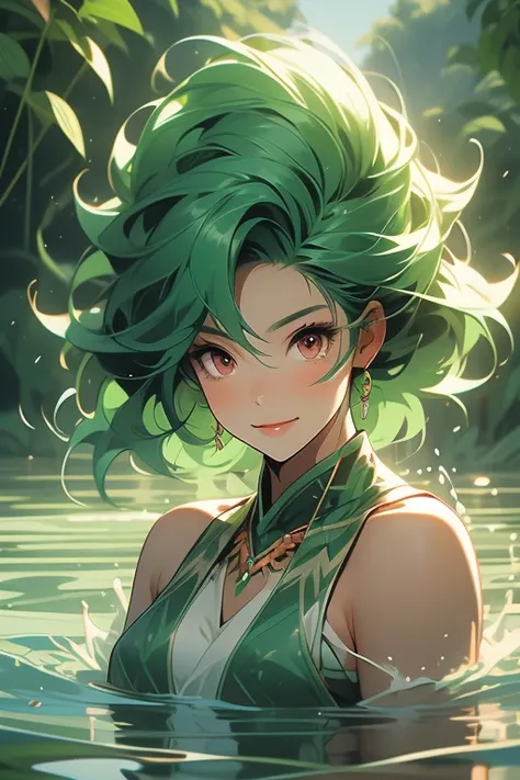 Amazon River,Green Hair,Wild ,fine,Brown skin,positive,smile,girl,Dragon,Red eyes,tooth,danger