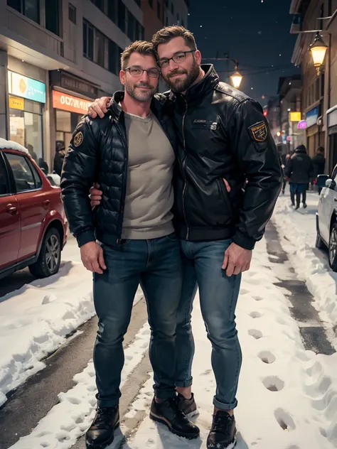 Award-winning original photo，(2 men)，twin，Male Love，Very intimate，Wild muscle man, (40-year-old father:1.1), beard, Burly，Macho, blue eyes, Jacket,Big bulge，Excellent J8， Standing happily on the street， One of the men wearing glasses, standing on a snow ci...