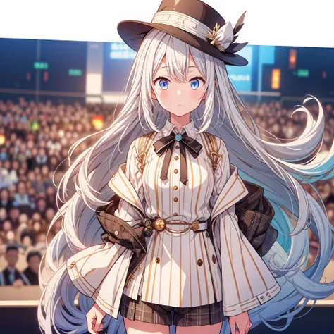 One girl、highest quality、VTuber - whole body、Milky white short hair、masterpiece、Official Art、The best configuration、Long straight hair with milky white top and blue tips、Sherlock Holmes costumes、Brown and dark brown checked herringbone hat、A poncho with th...