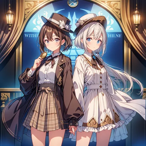 One girl、highest quality、VTuber - whole body、Milky white short hair、masterpiece、Official Art、The best configuration、Long straight hair with milky white top and blue tips、Sherlock Holmes costumes、Brown and dark brown checked herringbone hat、A poncho with th...