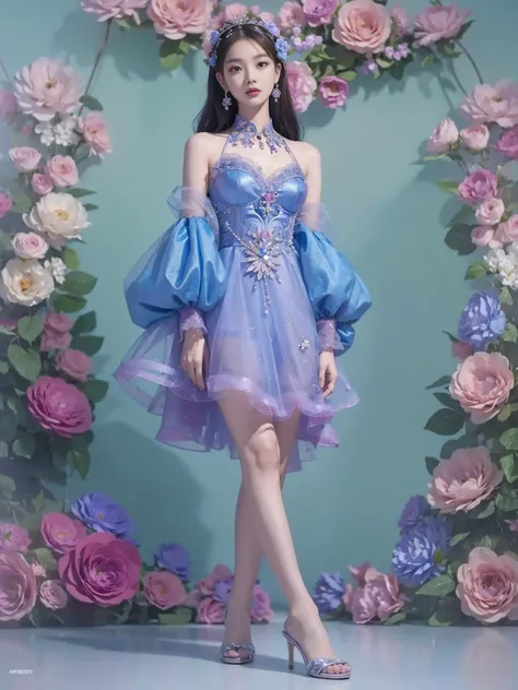 Araped woman wearing blue and rose themed dress, woman alone, Best Face, Chassis, blackpink jennie, model shooting pose, Yanjun Chengt, Popular Korean Makeup, Exciting and cute aesthetics, Jinyoung Shin, Popular Korean Makeup, Inspired by Hwangji, beautifu...