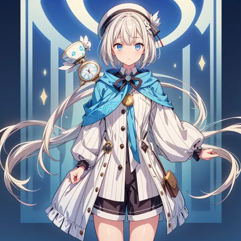 One girl、Standing in front of the viewer、Character Design、highest quality、VTuber - whole body、Milky white short hair、masterpiece、Official Art、The best configuration、Long straight hair with milky white top and blue tips、Sherlock Holmes costumes、Sherlock Hol...