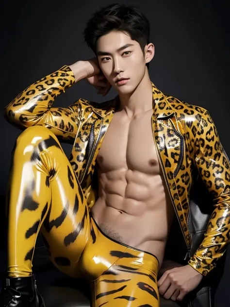 Korean, teenager, latex、Leopard print bodysuit、,bulge , tiger print bodysuit、The legs are also visible、whole body , realistic handsome Korean face , Natural Muscle , Beardless face、masterpiece、High resolution、Hyperrealism、Detailed face、alone、male、Glowing S...