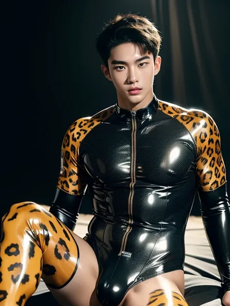 Korean, teenager, latex、Leopard print bodysuit、,bulge , tiger print bodysuit、The legs are also visible、whole body , realistic handsome Korean face , Natural Muscle , Beardless face、masterpiece、High resolution、Hyperrealism、Detailed face、alone、male、Glowing S...