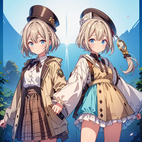 One girl、highest quality、VTuber - whole body、Milky white short hair、masterpiece、Official Art、The best configuration、Long straight hair with milky white top and blue tips、Sherlock Holmes costumes、Brown and dark brown checked newsboy hat、poncho、Brown spring ...