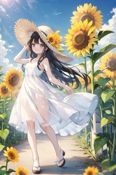 15 years old、tall、Black Hair、White dress、Straw hat、Are standing、Small breasts、smile、Long Hair、Showing from head to toe、Sunflower field