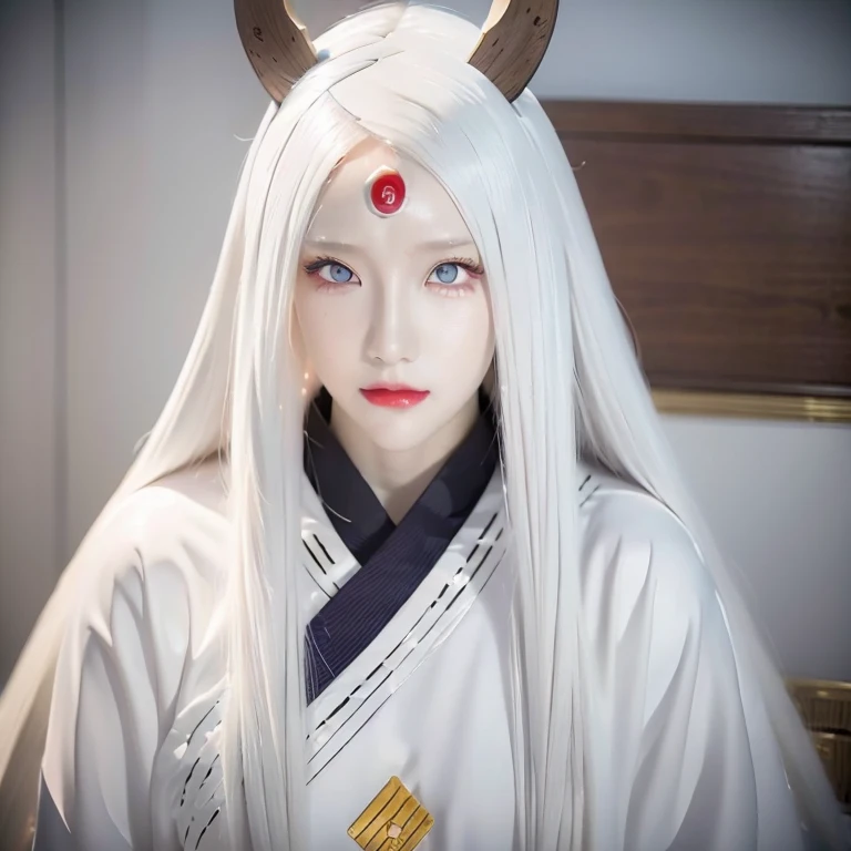 1girl, otsutsuki kaguya in anime naruto shippuden, long hair, white hair, white eyes, byakugan eyes, beautifull, white clothes, kitchen background, ultra detail, realistic, red lips