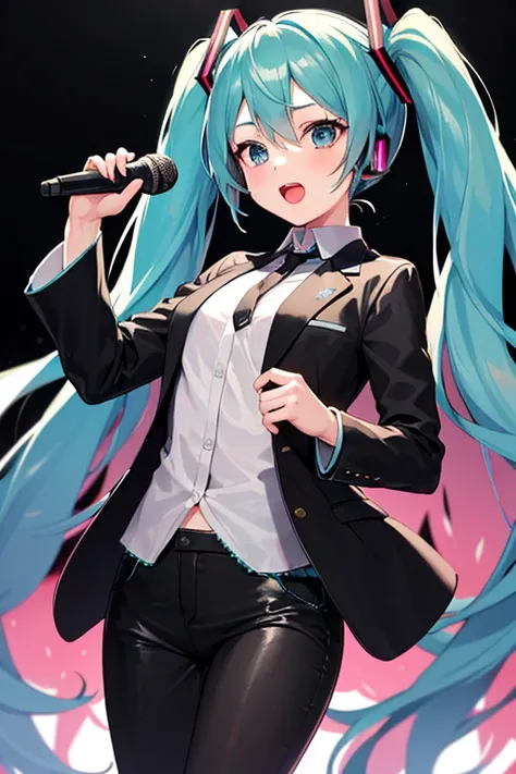 1girl, hatsune miku, black tie, jacket black, pants black, holding microphone