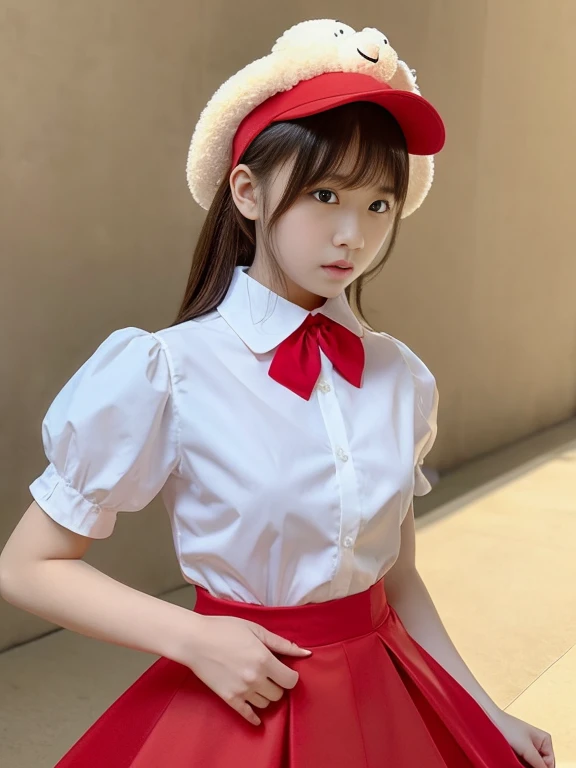 One girl, Flanders Scarlet, East, Have, Mob Cap, alone, Blonde Hair, stuffed toy, red Best, wing, 動物のstuffed toy, teddy bear, Red eyes, crystallization, Best, White Hat, Outdoor, Short sleeve, One side up, Holding, Puffy sleeves, skirt, shirt, Pointed Ears...