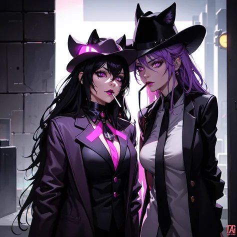 a anthropomorphic black cat with purple eyes, wearing a stetson cowboy hat,smoking a cigarette,in a cyberpunk city,at night,detailed facial features,highly detailed,masterpiece,photorealistic,8k,concept art,dark moody atmosphere,neon lights,cinematic light...