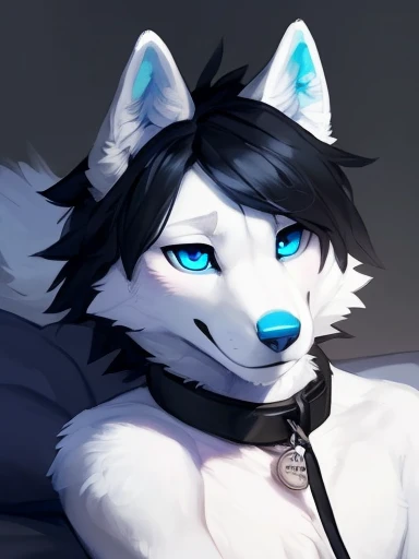 , ((( hands up to chest, (( showing off his new collar and leash to viewer,rampage wearing a collar with a leash on it and in viewers face),((Atlas a white Wolf with blue eyes and blue nose and black hair )) , on his bed looking at the viewer with a very r...