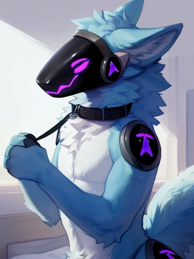 , ((( hands up to chest, (( showing off his new collar and leash to viewer,rampage wearing a collar with a leash on it and in viewers face),((Light blue fur protogen furry character wolf )) , on his bed looking at the viewer with a very romantic look and p...