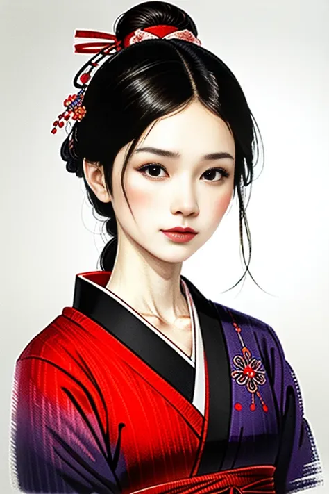 ukiyo-e style、beautiful japanese woman、utamaro、sharaku、detailed face、beautiful eyes、elegant kimono、intricate floral pattern、deli...