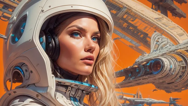 arafed image of a white woman in a futuristic suit with a spaceship in the background, movie art, in front of an orange background, inspired by Robert McGinnis, female protagonist, megastructure in the background, portrait of an ai astronaut, astronauts, a...