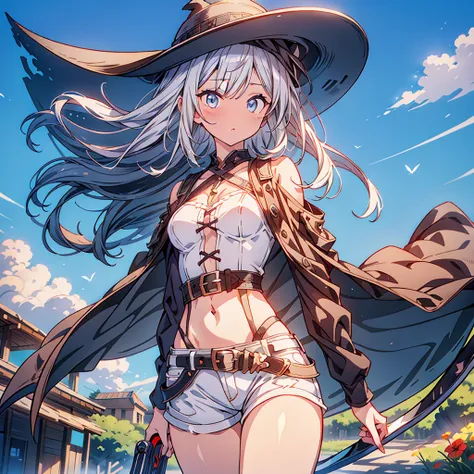 highest quality、masterpiece、official art、the best composition、western hat、western boots、white bustier、hot pants、gun hanging from...