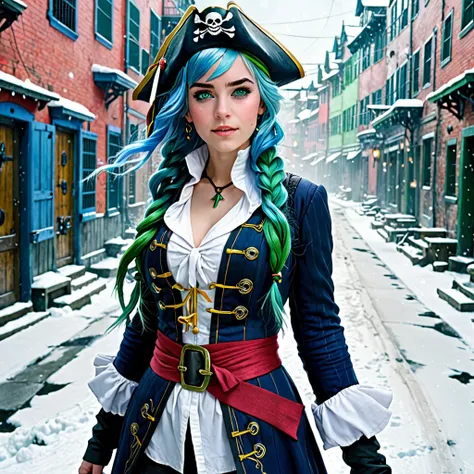 best quality,ultra high res,1girl,solo,full body,snow,city,, blue hair,green eyes,jk, pirates of Caribbean