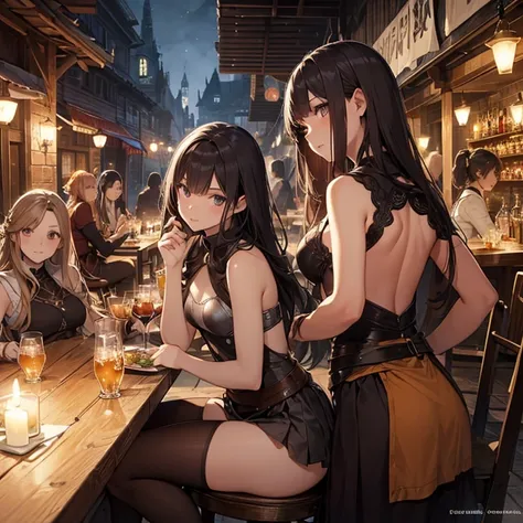 A group of  female medieval fantasy adventurers, (in tavern), various hair styles, harem, night, details face, short skirt, seducing, sleeveless, armor 