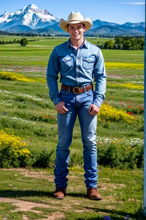 outdoor, standing on a meadow full of wild flowers，a tall white horse stood beside him., dustin kane, smile, sexy denim, cowboy ...