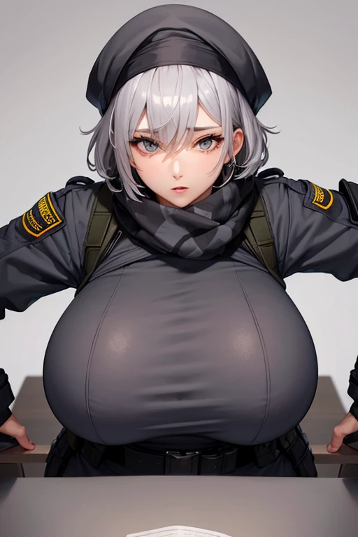 Mommy short gray hair huge with very big and huge breasts wearing tactical  uniform scarf very beautiful and very detailed