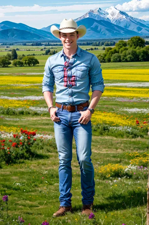 outdoor, sit on a meadow full of wildflowers,there are two white horses eating grass behind dustin kane, smile, sexy denim, cowb...