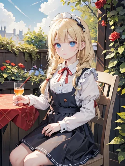 masterpiece, highest quality, Very detailed, 16k, Ultra-high resolution, 9-year-old girl, Detailed face, blue eyes, blonde, Braiding, Red ribbon on head, Black maid outfit, blue sky, garden, Red Rose, table cloth, Sit on a chair, During a break